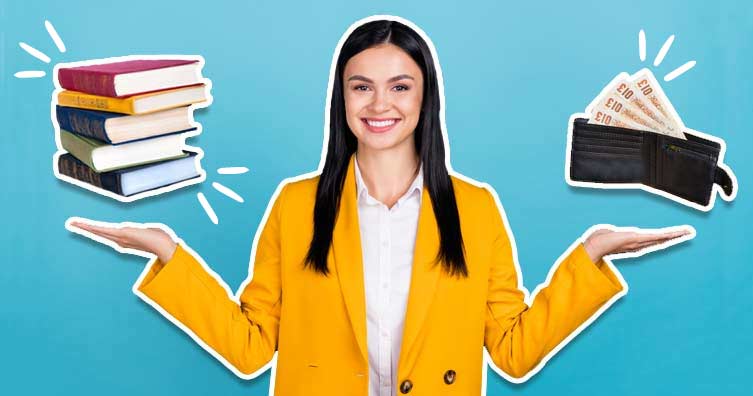 woman books wallet money notes